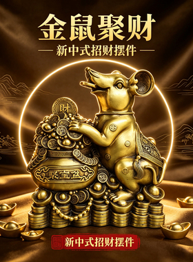 黄铜金鼠招财摆件聚宝盆鼠金币鼠开业乔迁创意客厅电视柜酒柜摆设