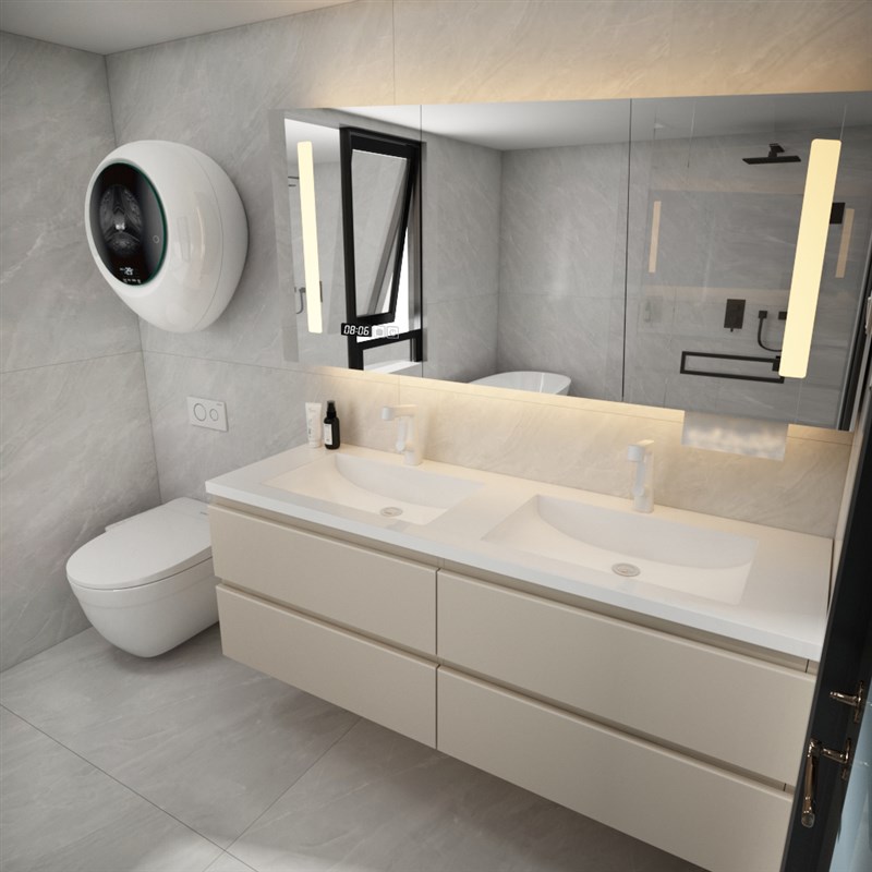 陶瓷一体双盆浴室l柜组合卫生间洗漱台岩板洗脸池洗手台轻奢风洁