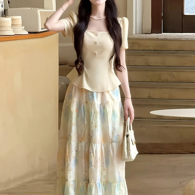 法式气质方领收腰上衣高