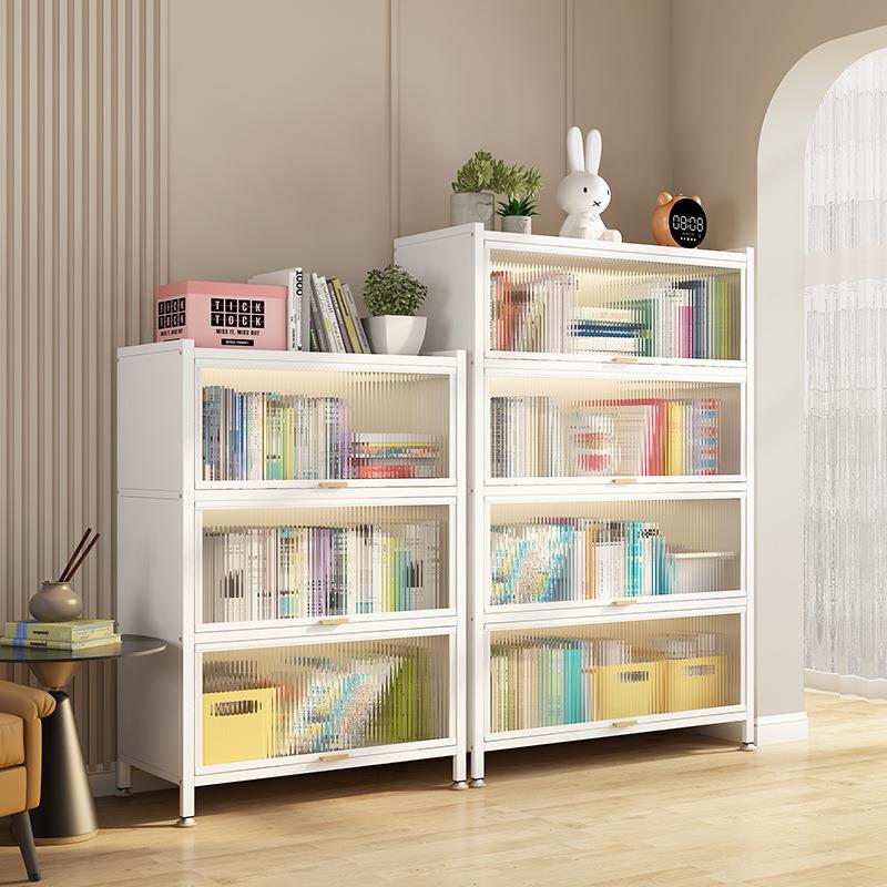 家用钢制书柜带门防尘储物柜儿童多层落地铁艺书架磕头收纳置物架