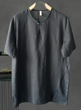 夏季亚麻短袖新款休闲文艺T恤男装青年复古上衣中式宽松短款衬衣