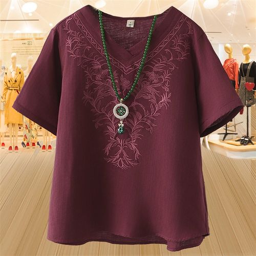 大码女装棉麻刺绣短袖t恤夏季新款胖mm打底百搭遮肚子上衣女小衫