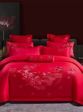 结婚床上用品四件套大红色全棉婚床被套床单喜庆婚礼高档新婚床品