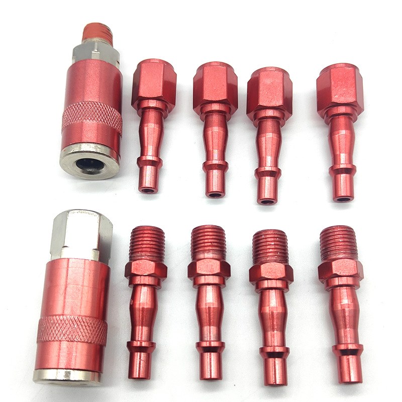 1/4 英式快速接头 铁镀红公接母接 外螺纹气管软管接头 10件套