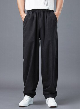 道裤子男休闲裤中国风苎麻男裤松紧腰大码宽松阔腿裤男口袋大裆裤