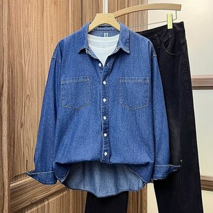 宽松上衣韩版 港风情侣款 简约休闲衬衣外套 男长袖 日系浅色牛仔衬衫
