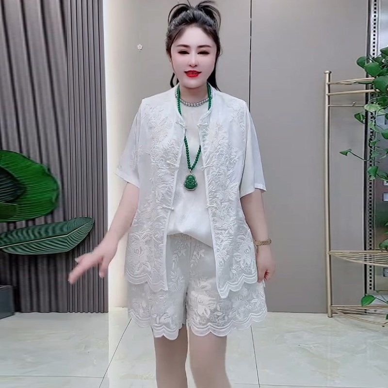 刺绣马甲短袖T恤衫休闲短裤套装胖mm2025春夏款宽松大码显瘦女装