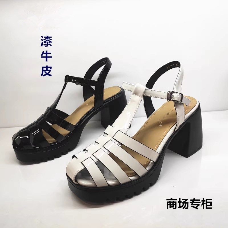 商场撤柜软面漆皮包头高跟粗跟凉鞋女防水台2023夏季一字扣带女鞋,女鞋,罗马凉鞋,淘宝优惠券,粉丝福利购,淘宝优惠卷