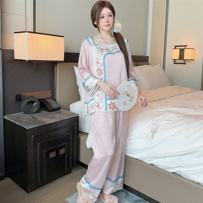 新中式国风冰丝睡衣女春夏季覆古宫廷风真丝绸高级感家居服套装