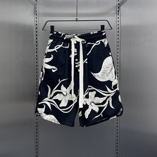 新款 2023夏季 潮牌印花休闲五分裤 夏季 亚麻短裤 宽松直筒沙滩裤 男款