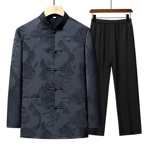 中老年人爸爸装春秋季衬衫唐装男中国风汉服外套爷爷休闲老人套装