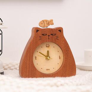 可爱猫咪台钟桌面小时钟摆件高颜值卧室床头静音实木台式座钟
