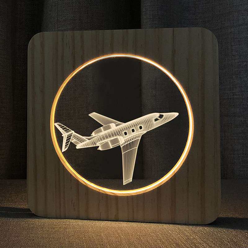 实木镂空框木质夜灯台灯 飞机造型视觉3D亚克力小夜灯FS-A3602W