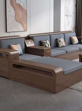 新中式胡桃木沙发大小户型客厅贵妃组合冬夏两用储物客厅实木沙发
