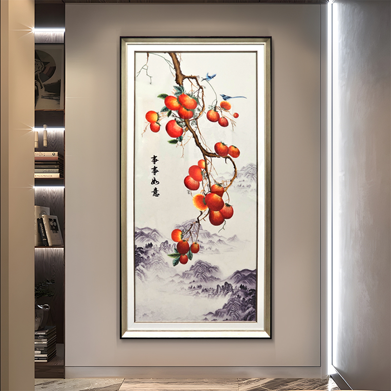高端立体刺绣创意装饰画 中式钢化玻璃挂画玄关画 柿柿如意20图片
