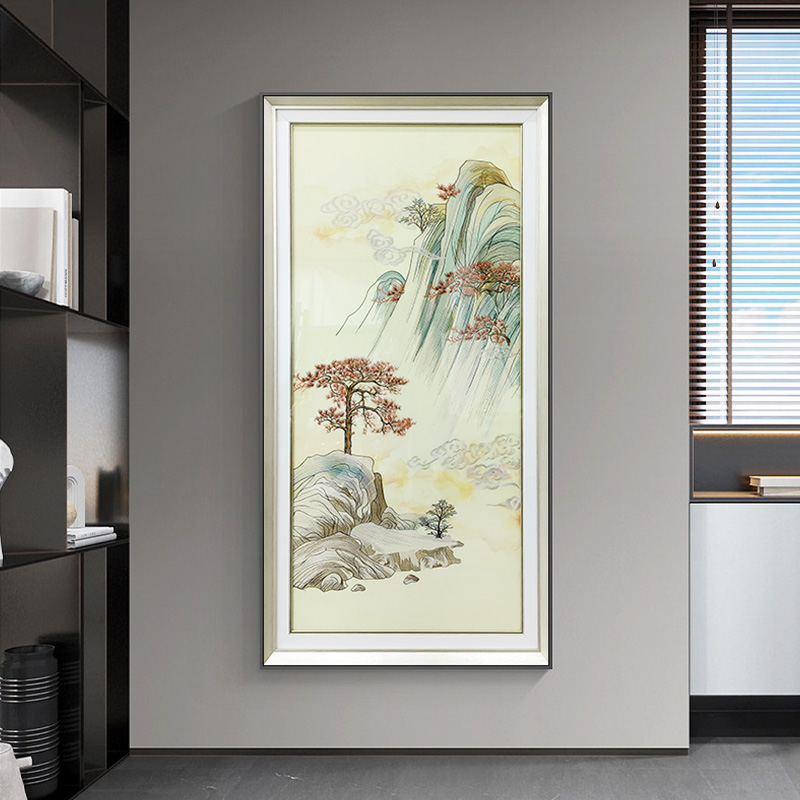 刺绣立体实物入户玄关装饰画 钢化玻璃 竖版走廊客厅挂画山23图片