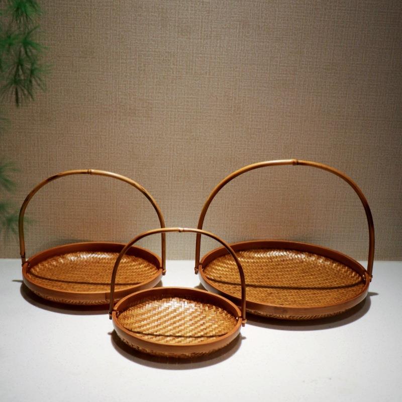 手工竹编手提果盘大中小三个型号表面大漆工艺茶道果篮仿古点心篮