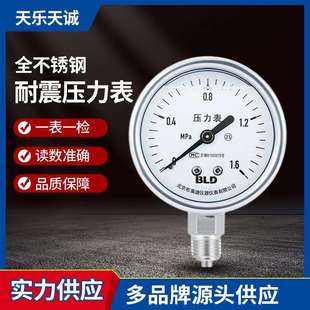 2.5级M14X1.5工业压力表 0.1～0MPa 全不锈钢耐震压力表YTHN 063