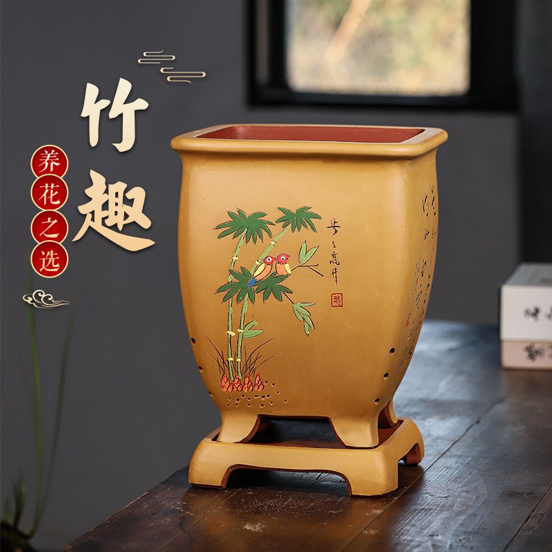 宜兴紫砂兰花盆手工四方盆有托盘盆景盆创意古典精品陶瓷悬崖盆栽