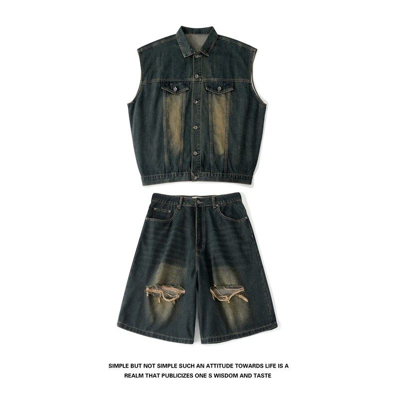 美式做旧复古无袖牛仔马甲男夏季潮牌街头宽松百搭五分裤一套搭配,男装,时尚套装,淘宝优惠券,粉丝福利购,淘宝优惠卷