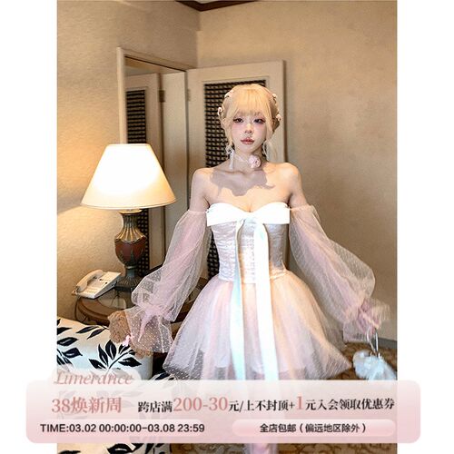 甜梨呆呆 少女芭蕾 春季抹胸波点网纱连衣裙可脱卸灯笼袖裙子女
