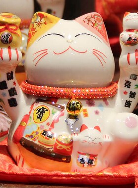 5寸招财猫 陶瓷躺猫储蓄罐日式创意礼品家居摆件工艺品陶瓷招财猫