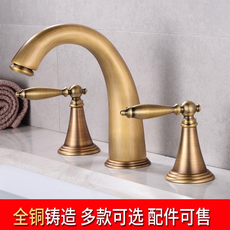 全铜面盆冷热水龙头台盆双把分体式欧式三件套洗手洗脸盆三孔龙头