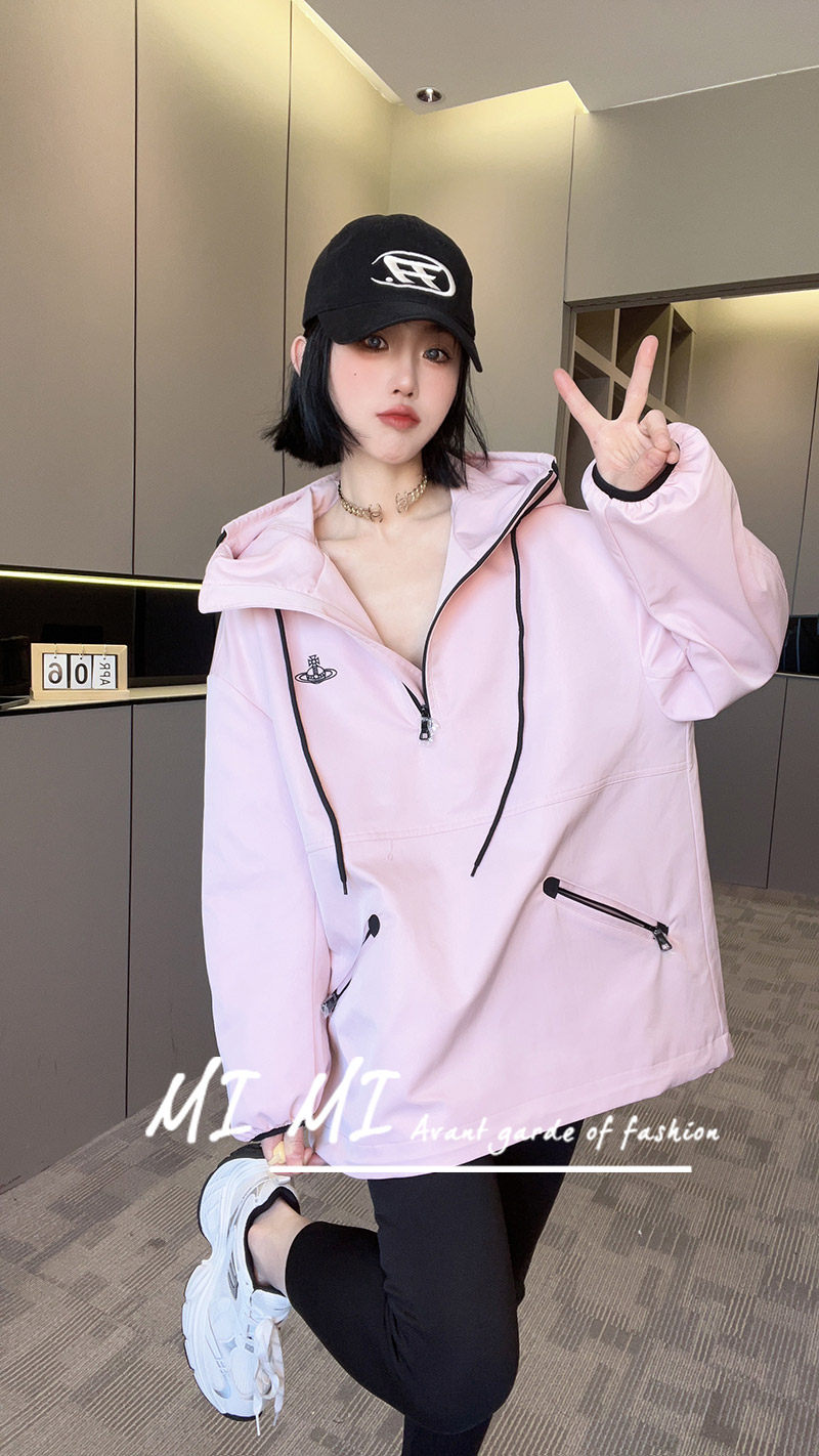 【现货】2025春季新款欧货外套女中长款半拉链抽绳连帽长袖风衣