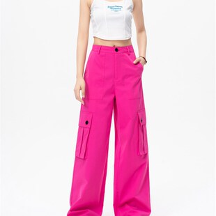 玫红色工装裤女夏2025新款高腰宽松休闲直筒裤阔腿运动裤登山裤潮