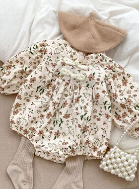 婴儿春秋装汉服女宝宝旗袍连体衣百天周岁礼服套装满月碎花包屁衣