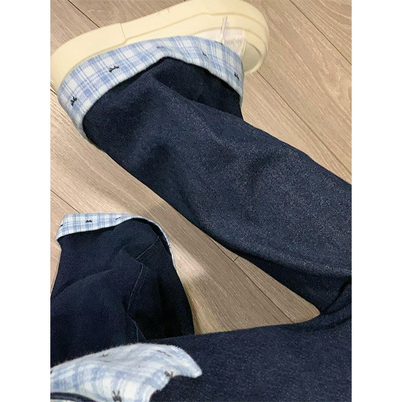 美式格子拼接牛仔裤女春季新款胖妹妹mm高腰宽松显瘦直筒阔腿长裤,女装/女士精品,大码裤装,淘宝优惠券,粉丝福利购,淘宝优惠卷