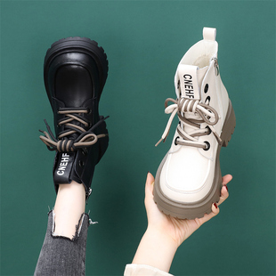 小个子增高马丁靴女款 秋冬厚底英伦粗跟白色单靴小众炸街机车短靴