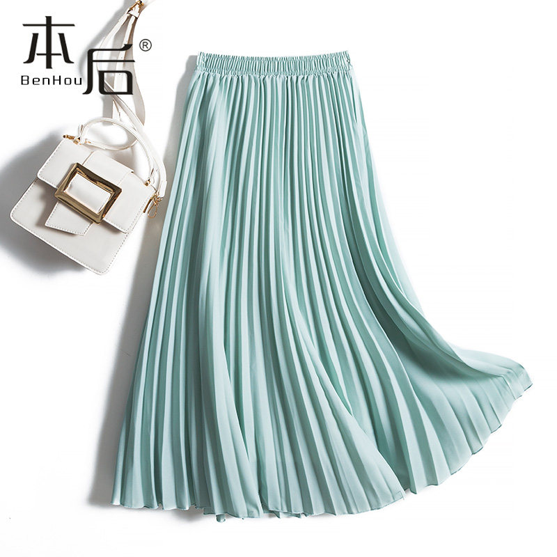 高腰雪纺半身裙春秋女夏垂感及裸长裙牛油果绿百搭a字风琴百褶裙,女装/女士精品,半身裙,淘宝优惠券,粉丝福利购,淘宝优惠卷