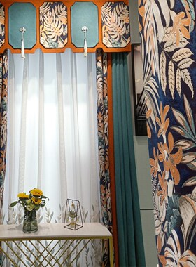 新款美式复古轻奢客厅卧室撞色蓝色橙色花卉田园纯色遮光定制窗帘