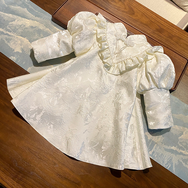 女童洋装秋冬新款白色旗袍公主裙小女孩长袖中式周岁女宝宝礼服