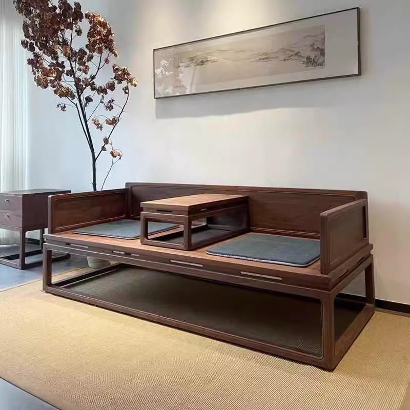 新中式北a美黑胡桃木罗汉床实木休闲榻禅意贵妃榻冬夏两用沙发榻