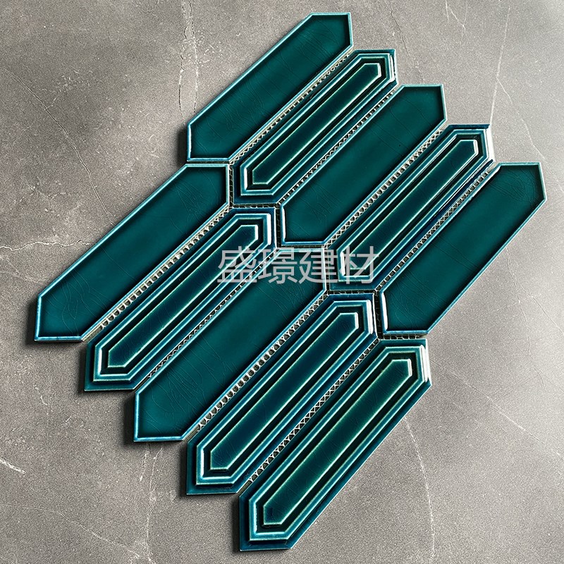 凹凸面冰裂绿色陶瓷砖菱形长六角卫C生间餐饮店背景墙砖蓝色马赛