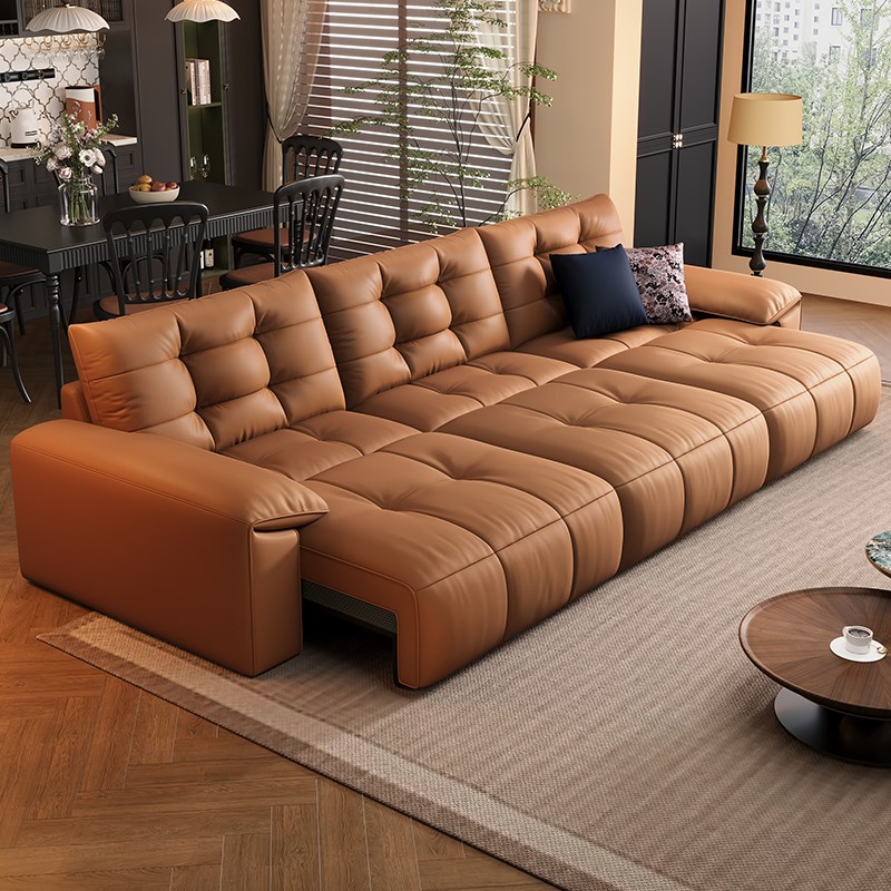 电动沙发床真皮h功能客厅直排三人位可趟可睡调节伸缩两用新款橙