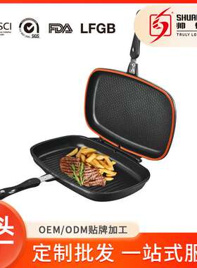 外贸款【36cm】家用铝制压铸大理石不粘双面烤盘牛排煎锅烤盘