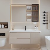 陶瓷一体盆小户型卫生间镜柜新款 轻奢洗漱台组合奶油风橡木浴室柜