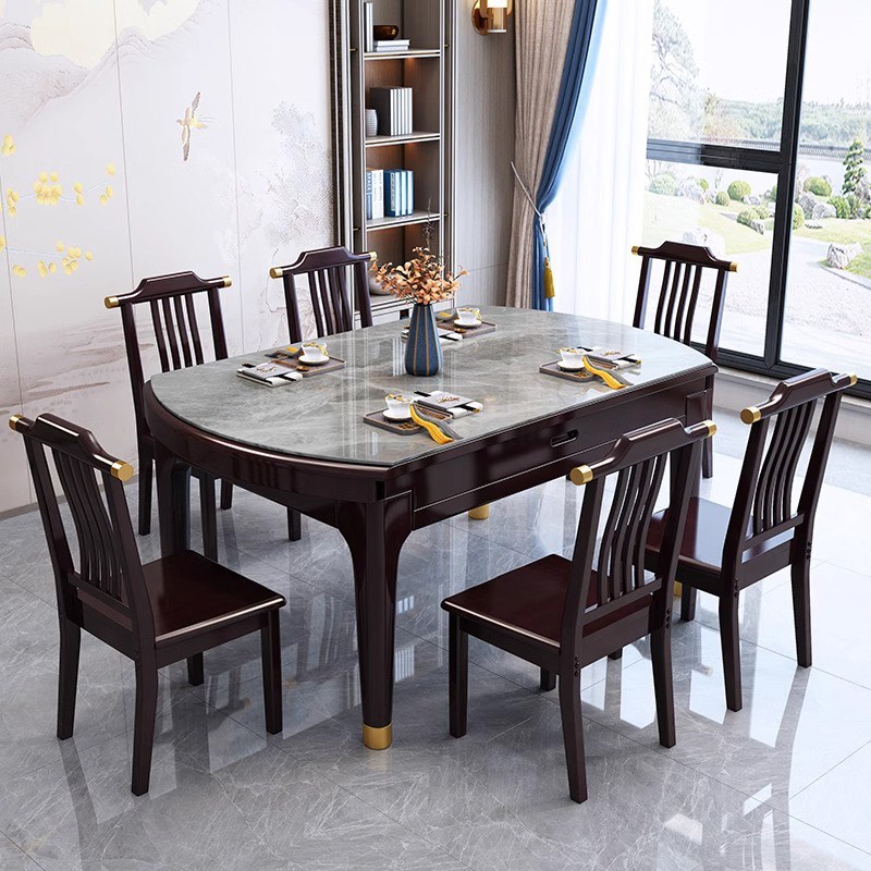 新中式2025新款岩板餐桌t家用全实木饭桌小户型伸缩电磁炉可变圆