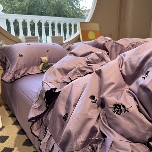 轻奢舒适b100支刺绣紫玫瑰少女荷叶边四件套全棉1.5m1.8米牀单被