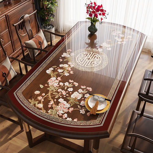新中式椭圆形餐桌垫印花软玻x璃桌布免洗防水防油防烫茶几桌面垫