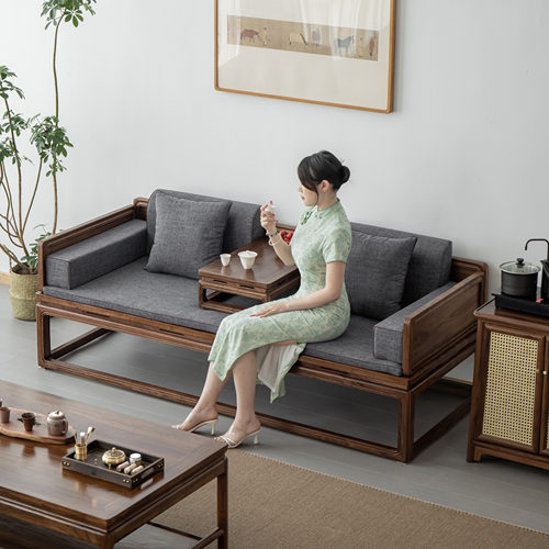 黑胡桃木罗汉牀推l拉新中式实木沙发牀两用老榆木贵妃榻客厅小户