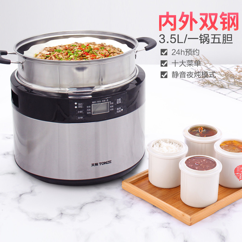 天际电炖炖锅陶瓷家用不锈钢u304隔水炖盅全自动5-6人煲汤一锅五