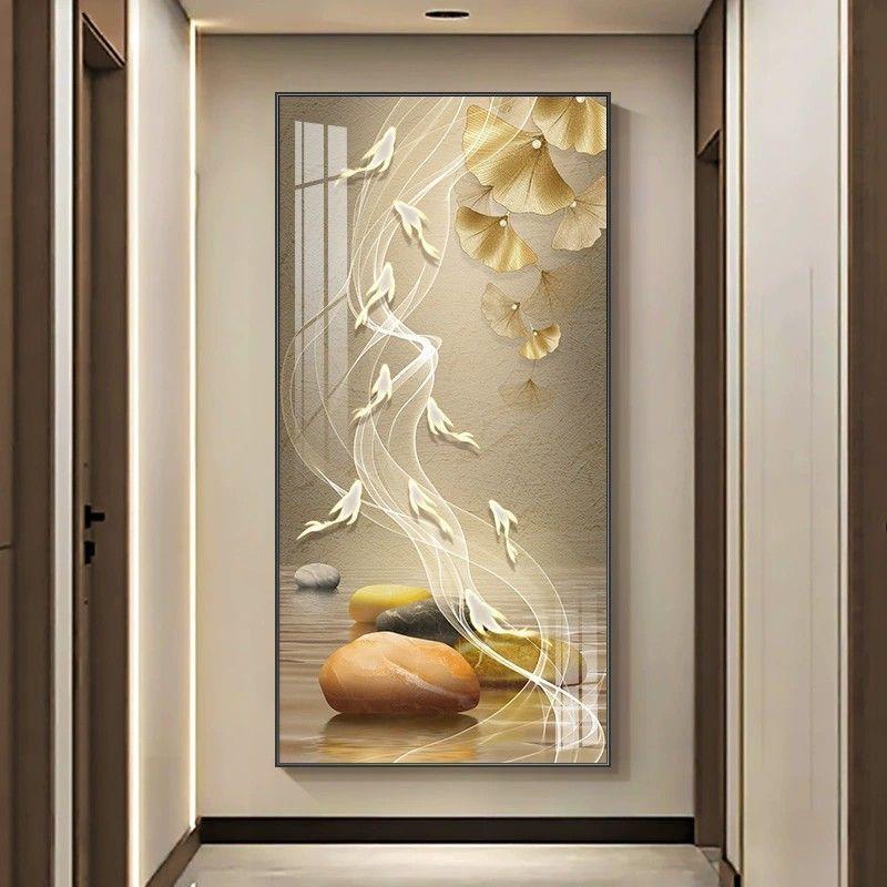 现代简约入户玄关装饰画走廊过道挂画竖版墙画九鱼图带灯壁画轻奢