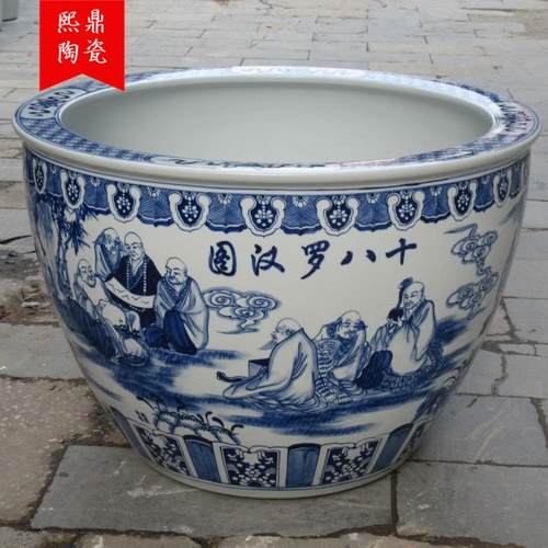 景德镇陶瓷水缸超大号 手绘鱼缸十八罗汉青花人物缸园林装饰花卉