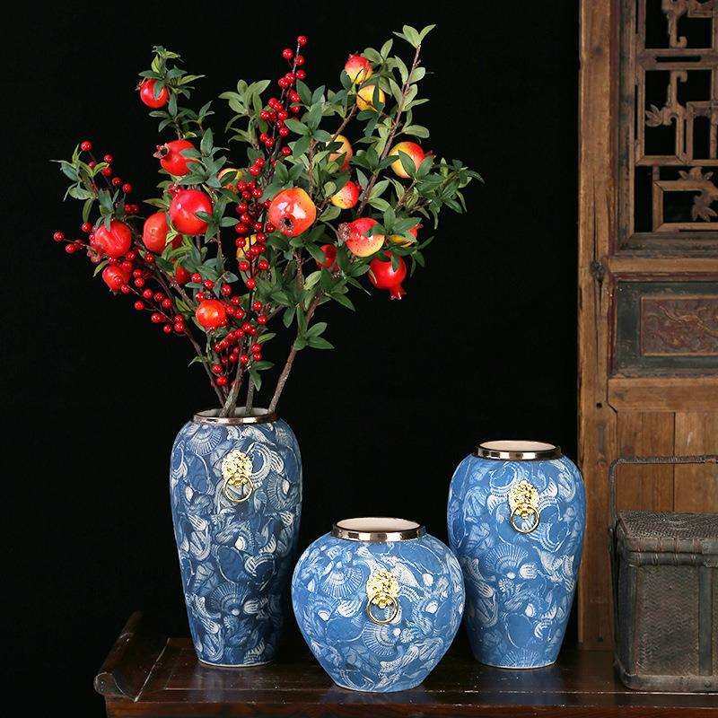 景德镇土化羽陶瓷花瓶金环贝壳青花单耳居家插干花鲜花复古花器