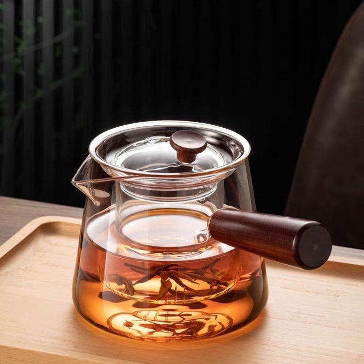 侧把煮茶壶玻璃加厚耐高温木把过滤煮茶器单壶电陶炉烧水茶具罗加