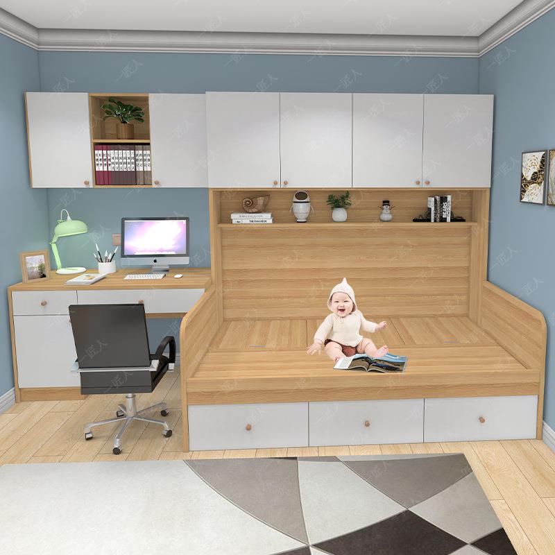 小户型定1制做 榻榻米储物床侧边柜带书桌组合收纳抽屉板式床